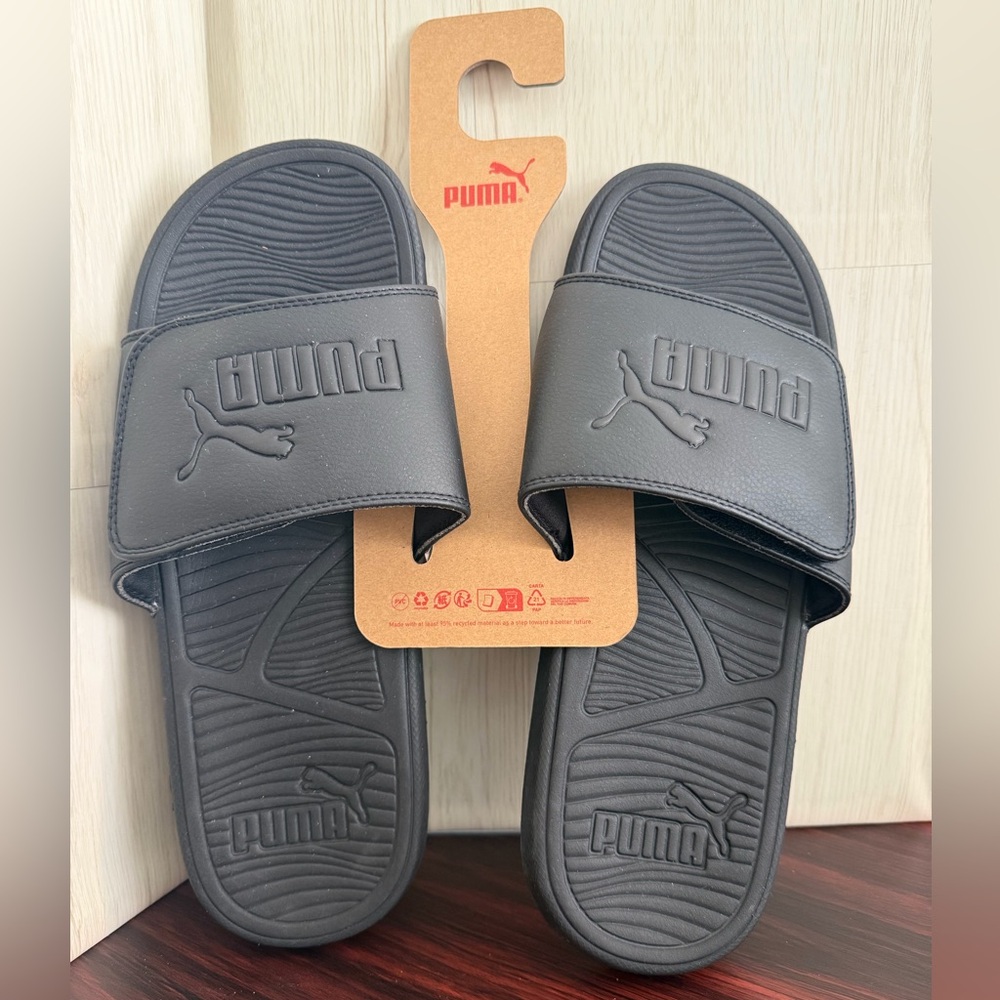 NWT Puma Men’s All Black Cool Cat Adjustable Slides Size 11 Pool Beach Summer